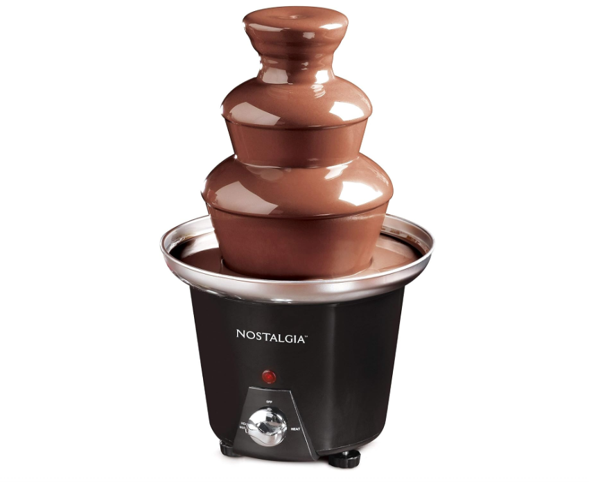 Nostalgia 3-layer electric chocolate fondue Fountain for parties - Melted cheese, Queso, candy and liqueur - Dipped strawberries, apple wedges, vegetables, etc. - 24 oz. - Black, small