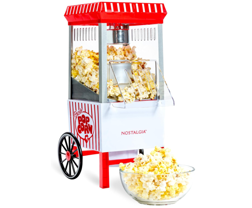 Retro Hot Air Popcorn Maker - Makes up to 12 cups - Oil free - Healthier popcorn - Classic upright cart with wheels - includes kernel measuring cups - white and red