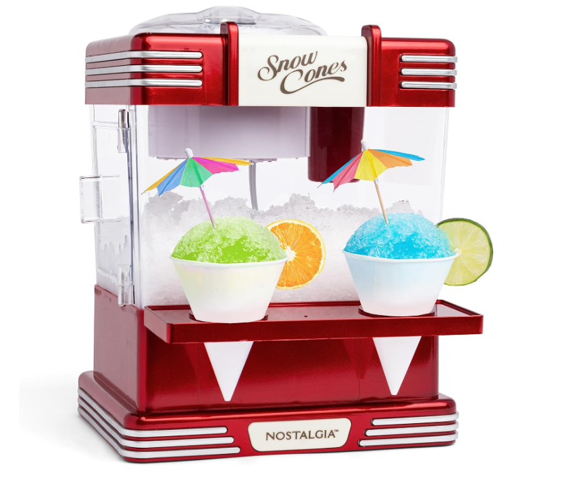 Nostalgia Snow Cone Shaved Ice Maker - Vintage Desktop Puree maker makes 20 ice snacks - including 2 reusable plastic cups and ice scoops - vintage red