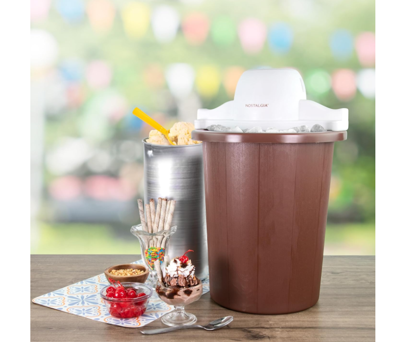 Nostalgia Electric Ice Cream Maker - Living room style, old soft serve ice cream maker makes frozen yogurt or ice cream in minutes - Fun kitchen appliance - white and dark brown - 6 quarts